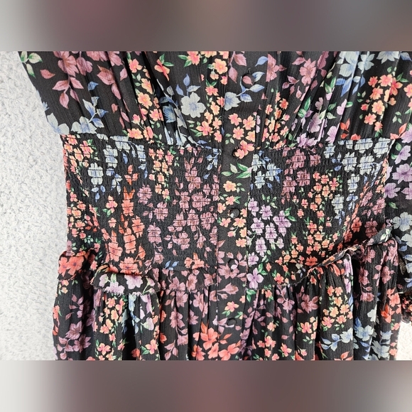 A.E. Studio Womens Floral Chiffon Full Button Front Mini Dress Sz M Black Purple - Picture 8 of 16